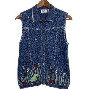 Vintage Sweater Vest Womens Small Blue Green Cotton Knit Spring Frogs Ladybugs